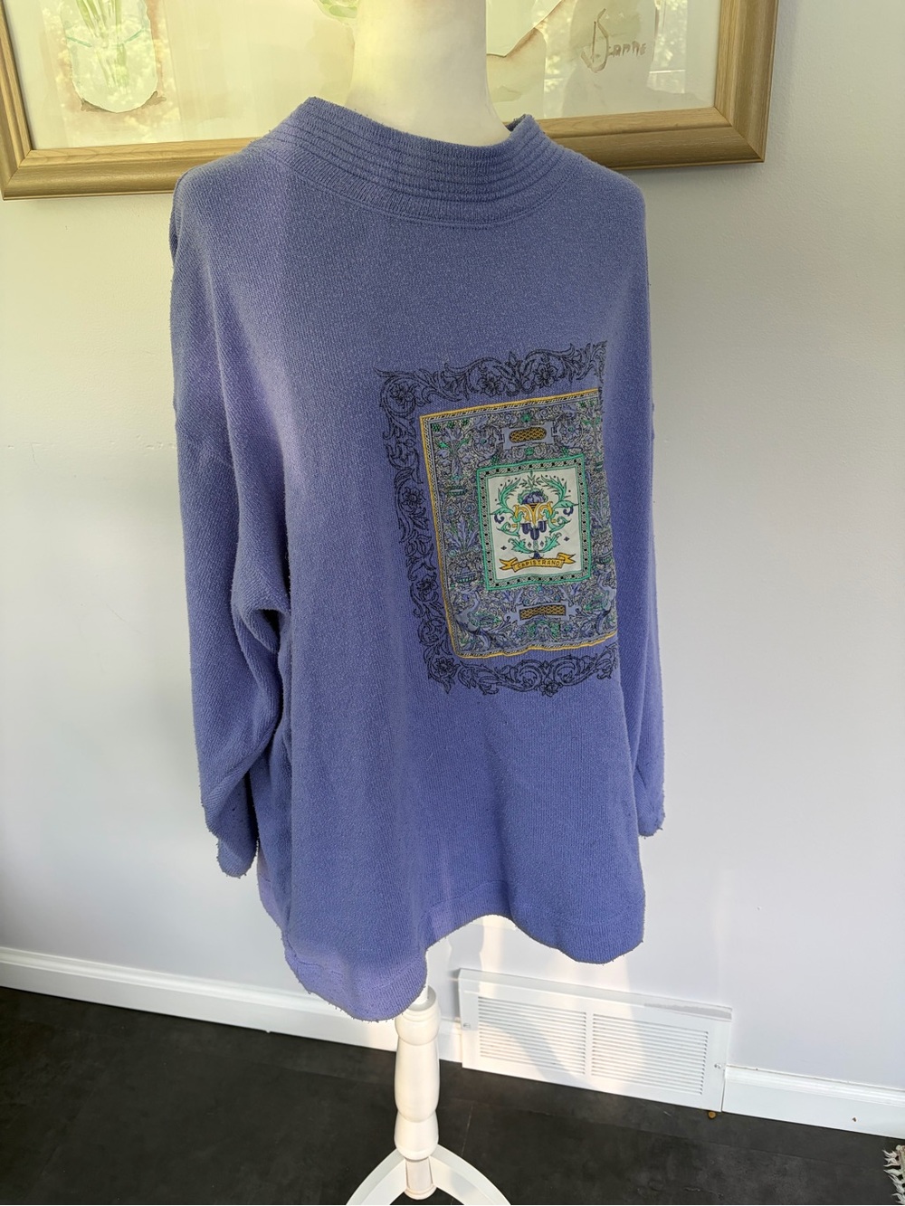 Vintage Lavender Purple Knit Sweater Embroidered Floral Medallion Design, 3X